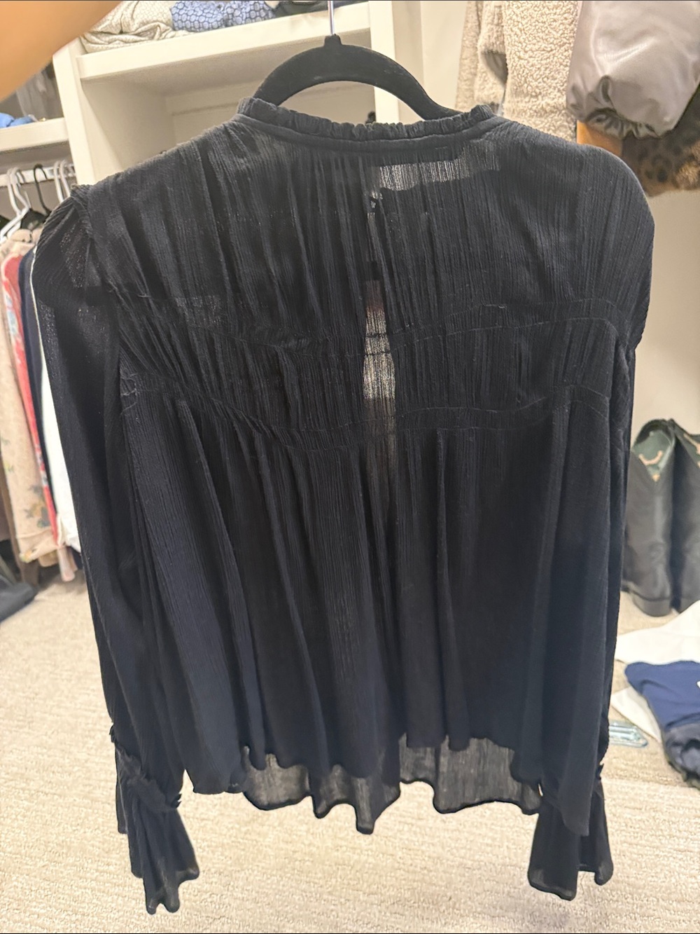Free People Black Sheer Pleated Long-Sleeve Blouse